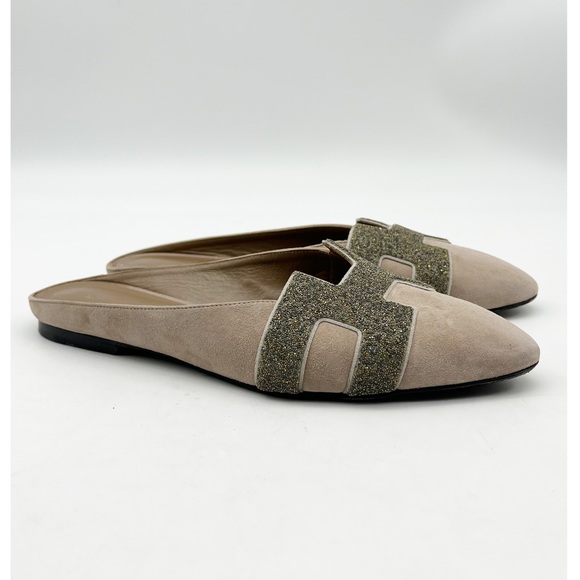Hermes Shoes - HERMES Beige Suede Leather Mules Flats Slip On Shoes Sz 35 1/2